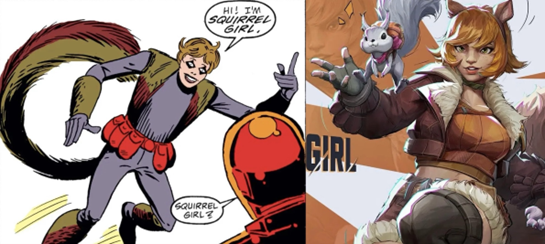 Marvel Rivals squirrel girl side by side with old comic version. Marvil Rivals is available on PC, Xbox Series X, Xbox Series S, and Playstation 5.